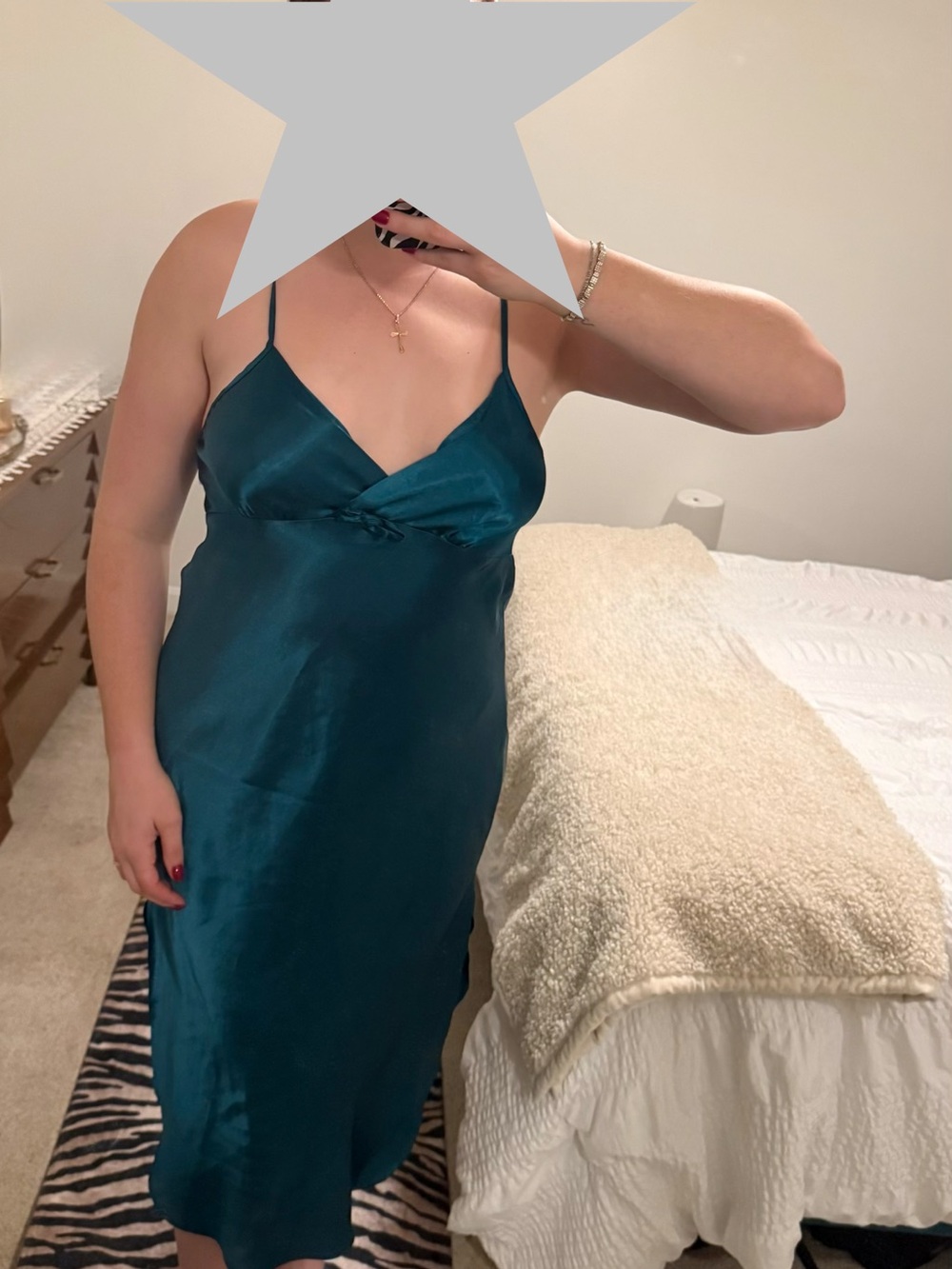 Satin Teal Slip Dress with V-Neck and Spaghetti Straps
